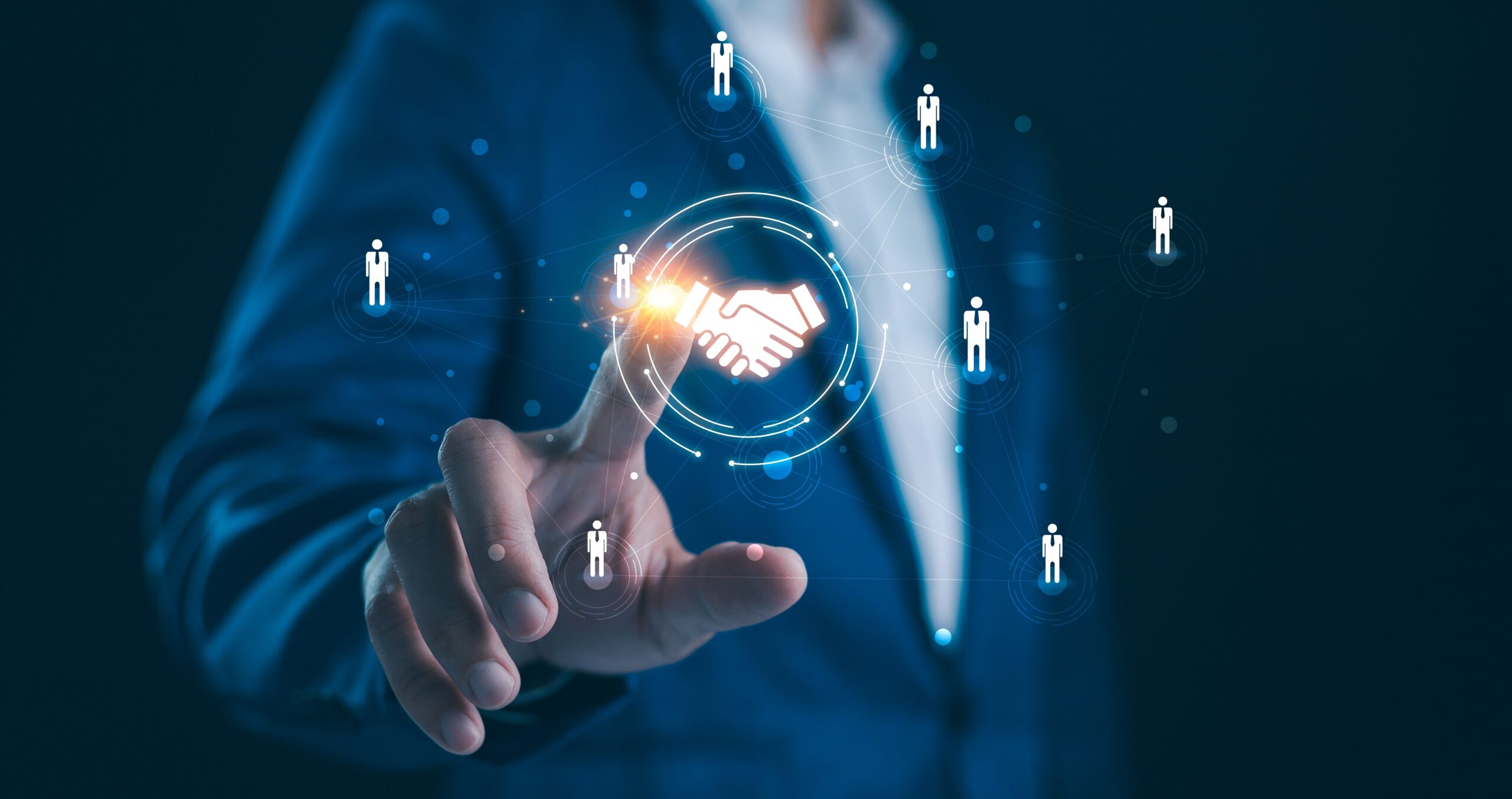 A,Business,Professional,Touches,An,Icon,Of,People,Connected,By